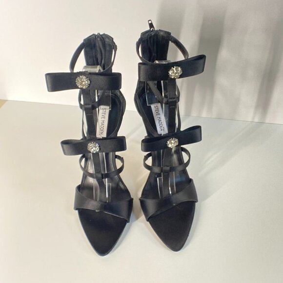 NWOT Steve Madden Sinclair Black Strappy Heels With Rhinestone Bows, size 10 - Picture 2 of 11